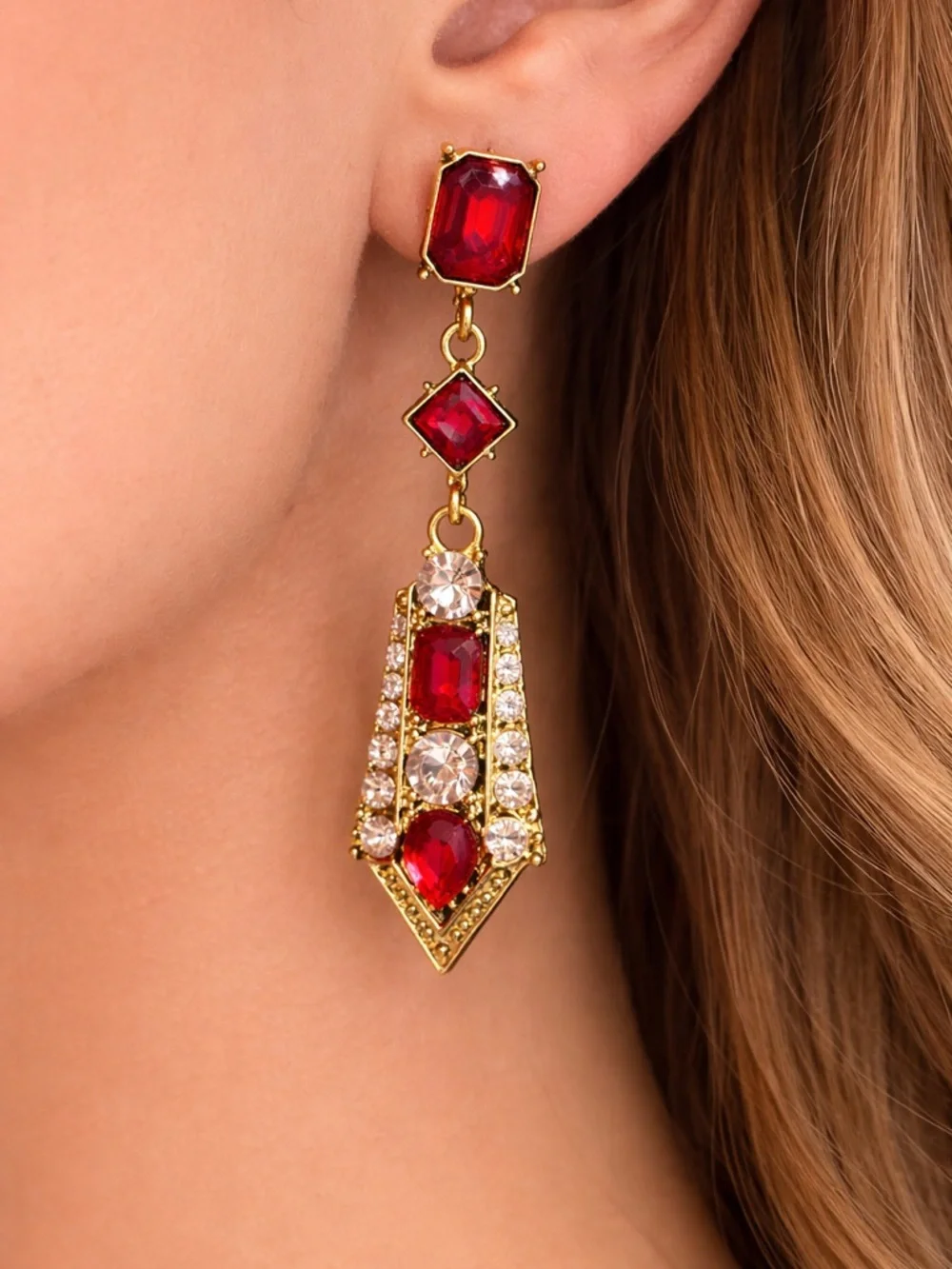 Art Deco Vintage Gatsby Gold-Tone Red Crystal Drop Earrings